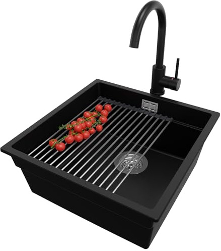 PRIMAGRAN Granitspüle ab 50er Unterschrank + Küchenarmatur, 46x47cm | Set: Küchenarmatur BW5010 + Ablauf-Set + Abtropfmatte + Spülbecken 1 Becken - Prag Level Slim, Schwarz