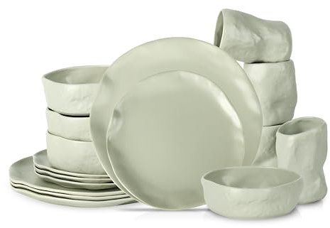 Stone by Mercer Project Atik Modern Steingut Geschirrset, Teller und Schüssel-Set, Geschirrset für 4, Salbeigrau, 16-teilig