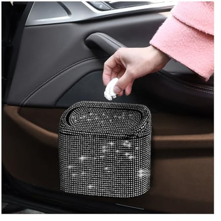 JNNJ Bling Auto Mini-Mülleimer Mit Deckel, Bling Strass Auslaufsicherer Tragbarer Mülleimer Abfalleimer, Für Autos, Universelles Zubehör, Auto Mini-Mülleimer(Schwarz)