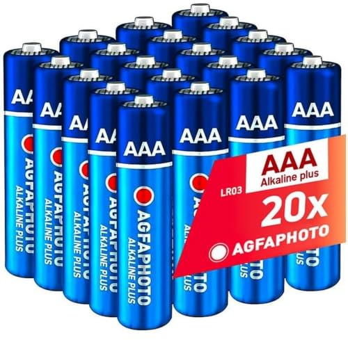 AgfaPhoto Pilas Alcalinas Plus AAA LR03 1.5V Pack de 20, Larga Duración, Ideales para Mandos Juguetes Cámaras y Más, Uso Doméstico o Profesional, Conservación 7 Años