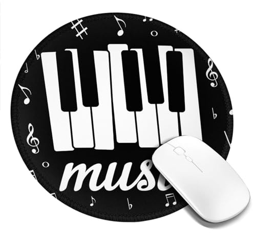 THOEWONG Music Notes Piano Key Black Mouse Pad, Round Gaming Mousepad for Computer Laptop Non-Slip Rubber Desk Mat,Cute Office Gift（8 Inch）