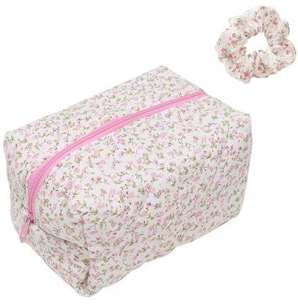 MHDUYEG Kosmetikbeutel mit Blümchen, Makeup Tasche Reise Kosmetiktasche Groß Kapazität, Baumwolle Blümchen Schminkbeutel, Kosmetiktasche Blumen für Make-up-Pinsel und Beauty-Utensilien (Rosa)