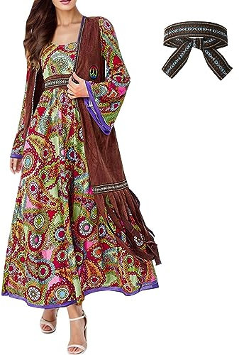 Generic Damen Hippie Kostüm, 70er Jahre Kleid, Maxi, Brown with flower print, XXL, Erwachsene Frauen