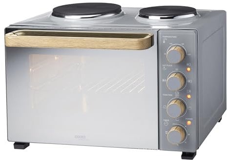 Cooks Professional Mini Oven with Hobs | Energy Efficient Electric Countertop Cooker with Two Hobs & Wire Rack Baking Tray | Kitchen Table Top Grill Ovens | 34L Capacity | Grey Nordic