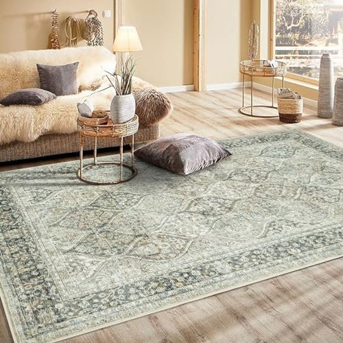 Vintage-Teppich für Wohnzimmer, Groß, 120 x 170 cm, Maschinenwaschbar, Traditionell, Weicher Kurzflor, Rutschfest, Boho-Stil für Schlafzimmer, Esszimmer, Grün