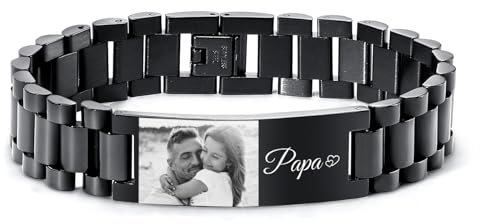XUANPAI Vatertagsgeschenk für Papa Armband Herren mit Gravur - Fotogeschenke Personalisierte Geschenke Männer Edelstahl Herren Armband Jahrestag Geburtstagsgeschenk für Vater Ehemann (Schwarz)
