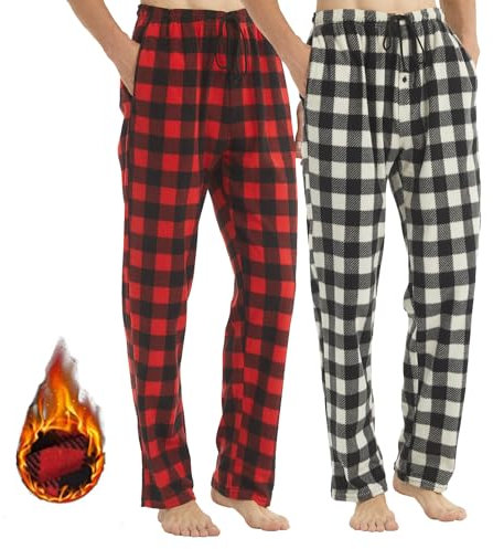 LANBAOSI Lot de 2 Pyjama Homme Hiver à Carreaux Coton Chaud Vêtements de Nuit Pantalon Souple avec Poches