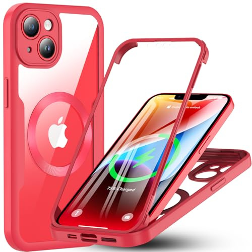 Für iPhone 14 Hülle Kompatibel mit MagSafe, 360 Grad Handyhülle iPhone 14 Eingebaut Schutzfolie Magnetisch Stoßfest Case für iPhone 14 6,1 Zoll Schutzhülle Magnet Cover mit Displayschutz (Rot)