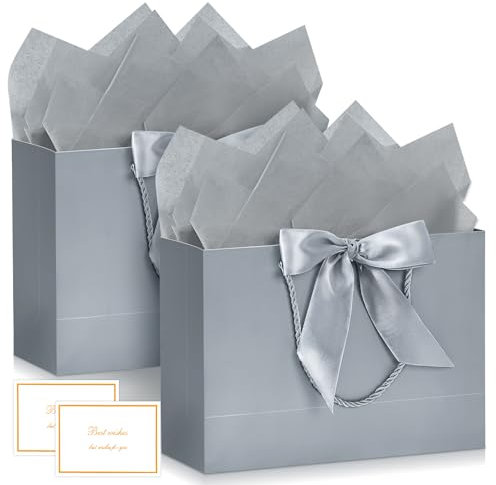 BBLIKE Geschenktüten mit Henkel - 2 Geschenktasche 2 Grußkarten 4 Sydney Paper, Papiertüten mit Henkel, Geschenkverpackung für Geschenk, Geburtstag, Feier, Hochzeit (Silber)