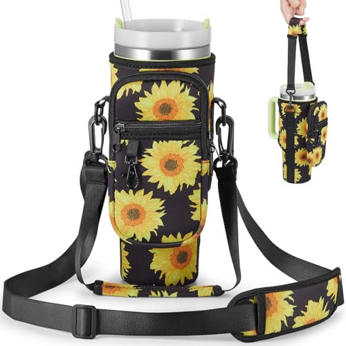 BULKITEM Sunflower Water Bottle Carrier Bag w/Phone Pocket for Stanley 30oz Tumbler with Handle, Sunflower Insulated Cup Holder Pouch for Stanley Cup Accessories, Sunflower Gifts for Women