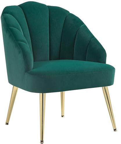 HOMCOM Poltrona Imbottita con Schienale a Conchiglia, Poltroncina da Camera e Salotto in Velluto con Gambe Dorate, per Camera da Letto e Soggiorno, Verde
