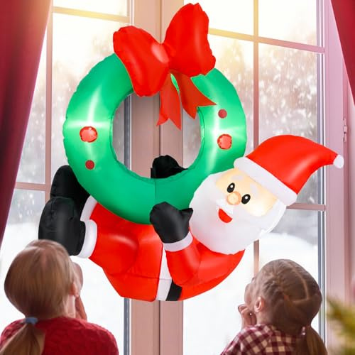 GYMAX Décoration Gonflable de Noël, Couronne avec Père Noël Lumineuses, Souffleur Intégré, Cordes de Suspension, pour Jardin-Maison-Intérieur-Extérieur