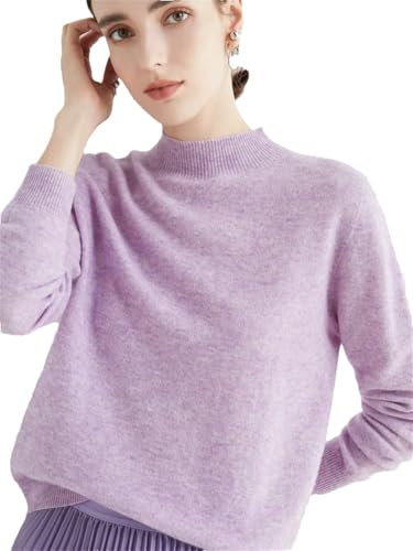 Maglione da donna lavorato a maglia con collo a lupetto a maniche lunghe, maglione basic 100% lana merino, Viola chiaro, L