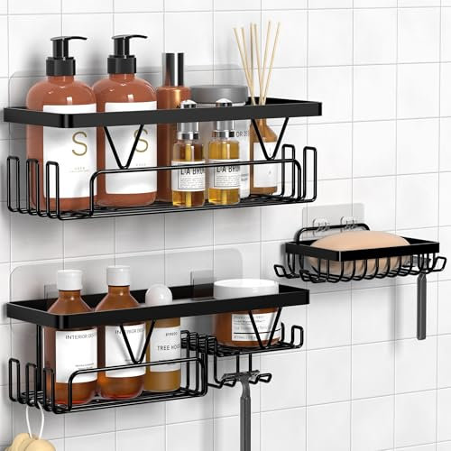 ZUNTO Estantería de Baño Autoadhesiva, Organizador Ducha Sin Taladro Organizador de Baño Resistente al Agua y al Óxido Acero Inoxidable SUS304 Negro 3 Piezas