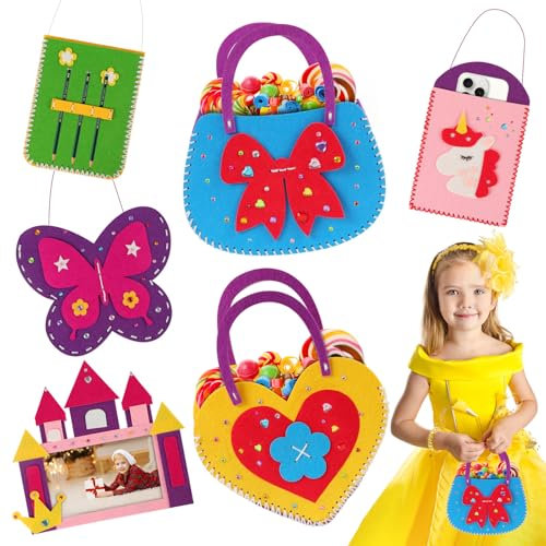 Vicloon 6 Stück Nähset Kinder, Filztiere Nähen Set, Bastelset für Kinder ab 6 Jahren und Anfänger, Nähen Filzset mit Stickgarn Plastiknadeln Füllwatte (Handtasche)