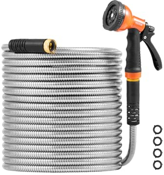 VEVOR Garden Hose Metal 100FT – Heavy Duty Stainless Steel Water Hose, Flexible, No Kink & Tangle, Puncture Resistant & Rust Proof, Lightweight w/ 10-Function Spray Nozzle for Yard, Outdoor, Gardening