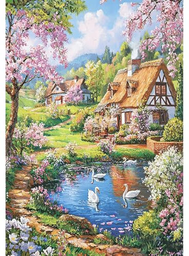 DCIDBEI Peinture Diamant Paysage Fleurs de Cerisier 40x50cm Diamond Painting Adultes Paysages et Nature Puzzle Peinture par Numéros Maison avec Jardin Tableau Perles a Coller Maison de Campagne