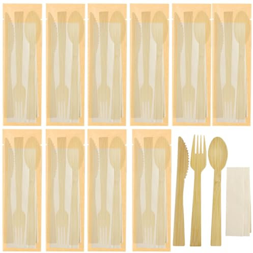 Lot de 10 couverts jetables de luxe emballés individuellement ; paquets d'ustensiles respectueux de l'environnement de couteaux, fourchettes, cuillères, mouchoirs ; vaisselle jetable en bois pour
