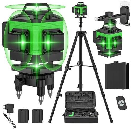 Niveau Laser 4 x 360° Autonivelant, Lazer Niveaux 4D 16 Lignes Laser avce 2 x 2400mAh Batterie, Trépied Réglable, Base Rotative, Télécommande & Mallette,IP54 Étanche et Anti-Poussière (Vert)