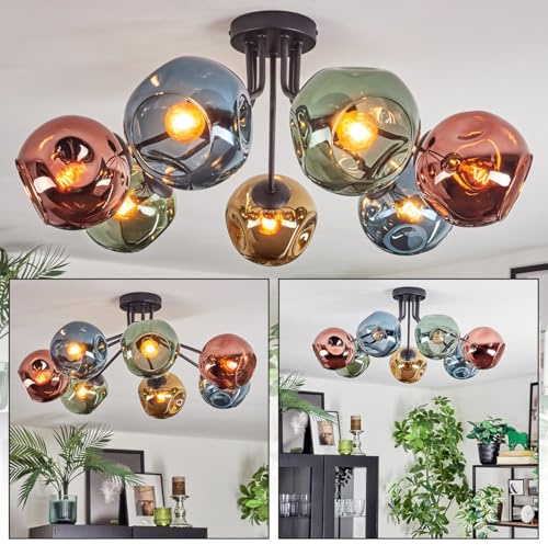 HOFSTEIN Deckenleuchte Ripoll, 7-flammige Deckenlampe aus Metall/Glas in Schwarz/Blau/Grün/Gold/Kupfer, Leuchte im Vintage-Design, Schirme Ø 15 cm, E14, Esszimmer, Wohnzimmer, Schlafzimmer, Küche