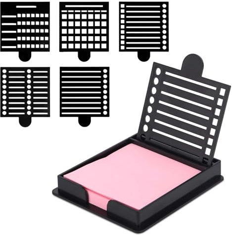 BOXOB Haftnotizen Halter mit Schablone, 1,18x1,18cm Haftnotizen Spender mit 5 Stil Linienzeichnungsvorlage Memo Block Organizer für Schreibtisch Büro Zuhause Schulbedarf (Schwarz)