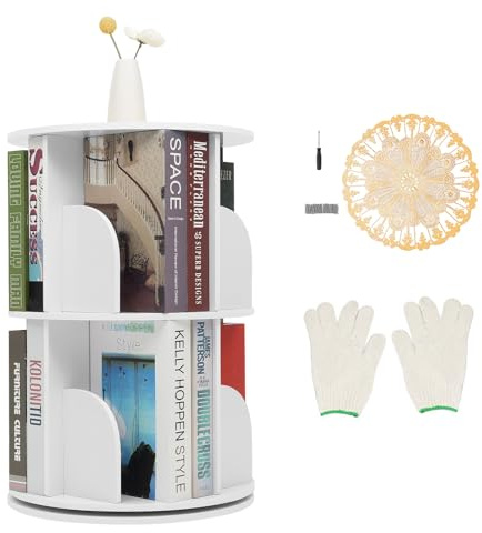 DHQCQL Drehbares Bücherregal, 2 Ebenen 360 Grad Drehbares Schuhregal, Drehbares Bücherregal Kinder für Wohnzimmer Schlafzimmer Büro Kinderzimmer, Weiß (Mit Handschuhe Schleifpapier Tischdecke)