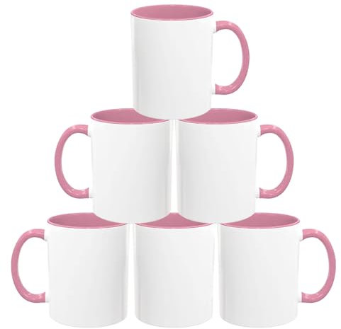 Sublimation Mugs 11oz Blank with Coloured Handle & Inner | Durable, Ceramic Mugs Perfect for Custom & DIY Printing, Gifts for Loved Ones | Available in Multiple Colour & Packs | Pink Pack of 6