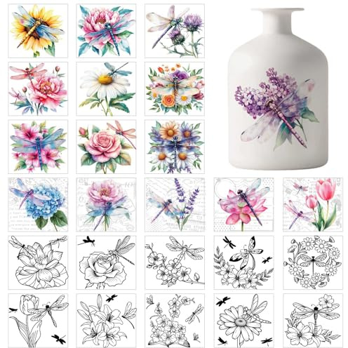 GLOBLELAND 25 hojas de calcomanías retro de libélula colorida para tarros de masón, calcomanías de plástico con flores, calcomanías adhesivas para lámpara de ventana, taza de vidrio, jarrón