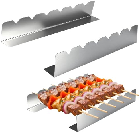4 Stück Spieße Rack, Edelstahl BBQ Halterung mit 6 Einkerbung, Spießgestell Kompatibel mit Holz, Bambus, Metall, Flachspieße, Leicht zu reinigen Schaschlik Aufsatz für Camping, Picknick, Grillparty