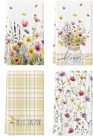 Artoid Mode Streifen Blumen Vase Frühling Küchentücher Geschirrtücher, 42x65 cm Sommer Hello Sunshine Dekoration Polyester Handtücher 4er Set