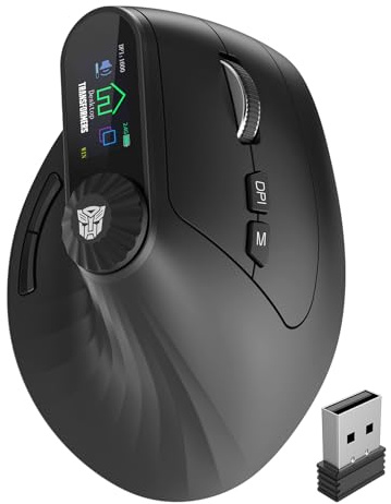 Transformers Vertical Ergonomic Mouse with LED Screen & Knob Control, Rechargeable Vertical Mouse Wireless, 3-Device Connectivity (2.4G + Dual Bluetooth), Quiet Clicks, Computer Mice for PC/Mac/Laptop