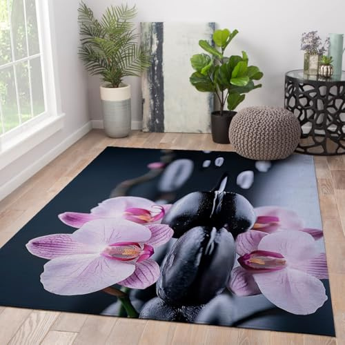 UERWOWELL Lila Orchidee Flächenteppiche Blumen- und Steinreflexionen Druck Gemütlicher Teppich mit niedrigem Flor für Sofa Leseecke Spa Badezimmer Bodendekoration 80x150cm