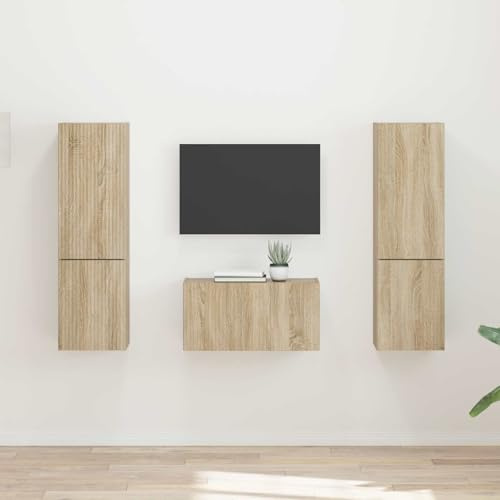 Ordellia Sonoma-Eiche TV-Wandregal Set, 3-teiliges Unterhaltungszentrum für Wohnzimmer, Schlafzimmer, Schiebetüren, Stauraum, Kabelmanagement, modernes Design