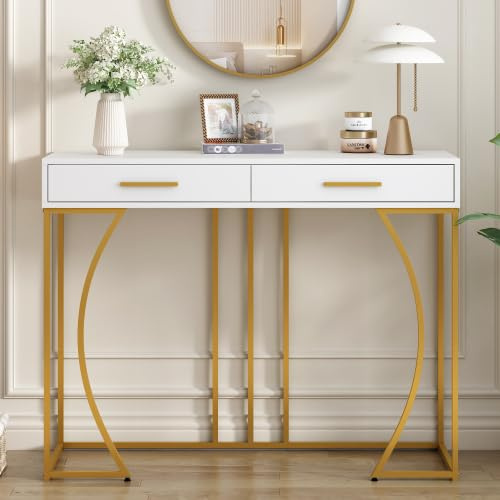Merax Console Table, Hallway Table with 2 Drawers, Light Luxury Style Side Table, Sofa Table with Gold Plated Handles, White and Gold