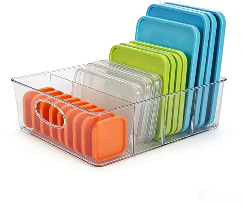 Punorric Plastic Lid Organiser Pan Lid Holder With 4 Adjustable Dividers, Plate Organiser for Kitchen Cupboard and Drawer, Kitchen Storage & Organisation for Lids, Sheets, Cutting Board(Clear)