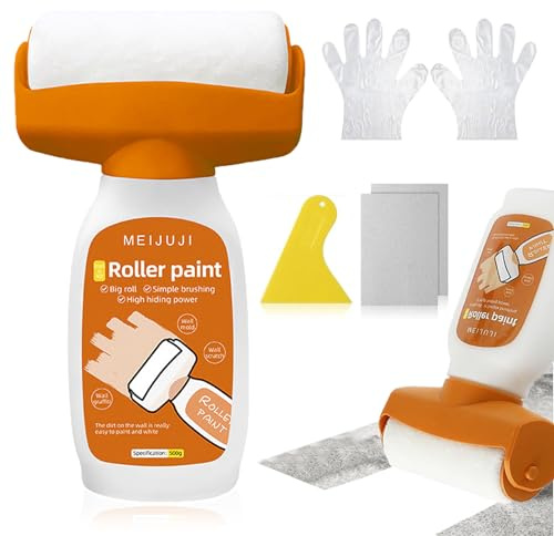 Wandfarbe Ausbessern Weiß, 500g Wandreparatur Rollbürste Set, 2 in 1 Ausbesserungsfarbe Weiss mit Farbroller,Wandreparatur Rollbürste mit Wandreparaturpaste,5 Zubehör, für Wandkratzer Graffiti Kratzer