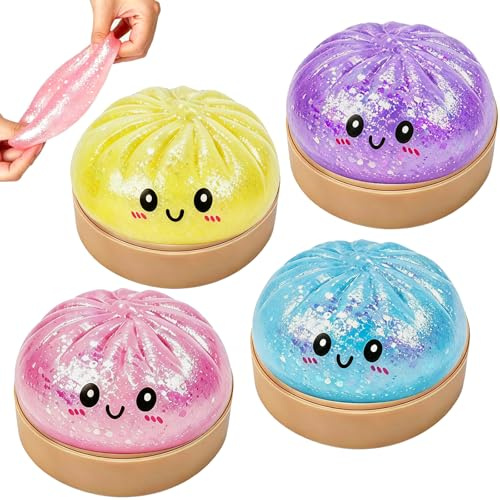 Dumpling Squishy Fidget Toys, 4 Stück Dumplings Squishy Mystery Box mit Dampfer für Kinder Erwachsene, Stressball Fidget Toys für Anti Stress Spielzeug, Autismus Stressabbau Geschenke