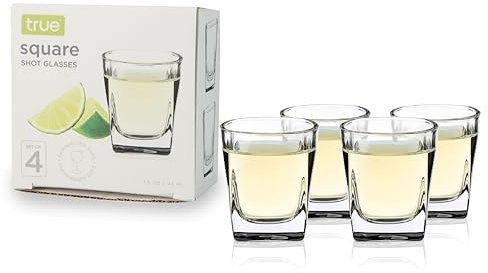 True Square Shot Glasses, Cocktail Measuring Jigger for Whiskey, Vodka, and Liquor, Dishwasher Safe Drinking Cups, 1.5 Oz. Clear Glasses, Set of 4