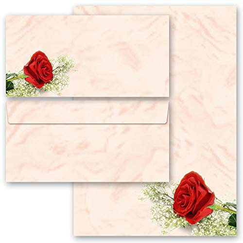 Briefpapier Sets Motivpapier Blumen & Blüten, Liebe & Hochzeit Blumenmotiv, ROTE ROSE 100 Blatt Briefpapier + 100 passende Briefumschläge DIN LANG ohne Fenster | Paper-Media