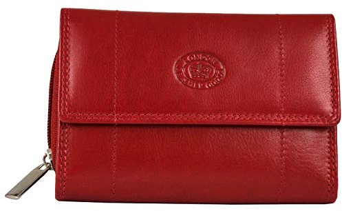 Ladies Soft Real Nappa Leather Zip-around Purse with Front Flap and Double Credit Card Swing Section (Dark Red)