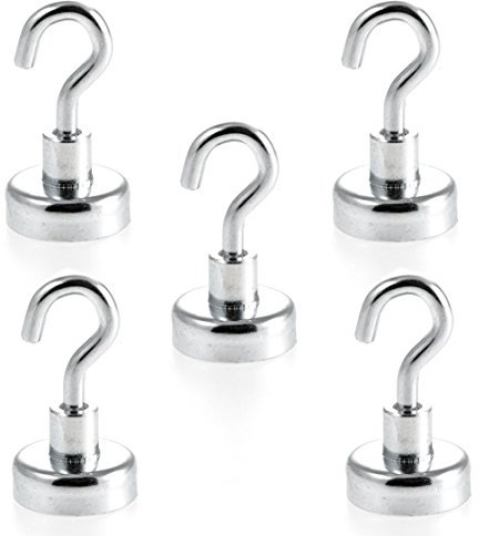 Magnetastico® | 5 piezas imanes con gancho de neodimio N35 25 mm Ø | Fuerza de atracción de 22.0 kilogramos | 5 ganchos magnéticos de neodimio revestida de zinc y muy robusto