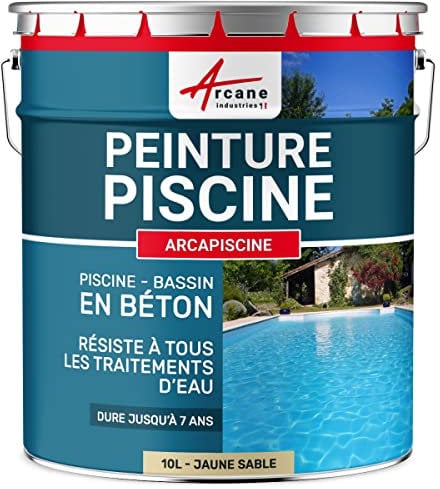 Peinture piscine, bassin béton, ciment, décoration, imperméable, bleu, blanc, gris, grise, jaune sable, noir, vert : Arcapiscine - 10 L Jaune Sable - RAL 1002 - ARCANE INDUSTRIES