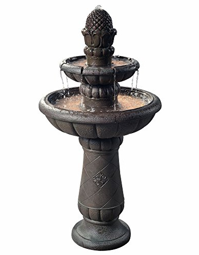 Teamson Home Deluxe Pineapple Pedestal 2 Tiered Floor Waterfall Fountain with Pump for Outdoor Patio Garden Backyard Decking, 39 Inch Height, Iron Gray