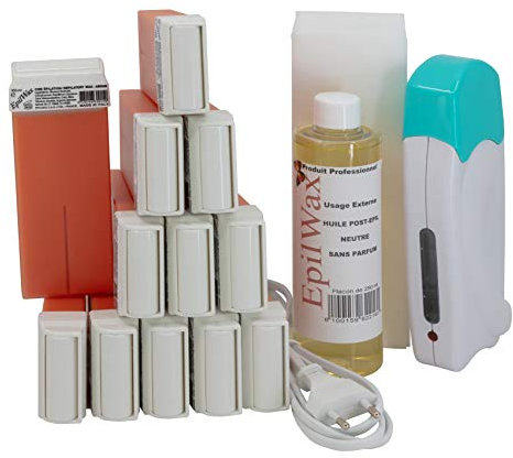 EpilWax - Kit completo de depilación Solo: 1 calentador de cera, 12 Roll-On de cera de Argán de 100 ml, 100 bandas de depilación, 1 botella de aceite para después de la cera de 250 ml (Solo Argan 12)