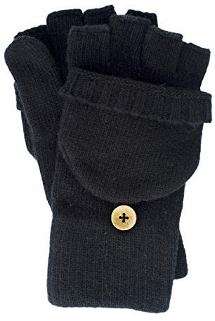 FosterNatur, Damen/Herren Wollhandschuhe mit Klappe, 100% Merino (7, Schwarz)