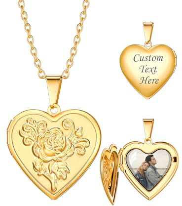 Custom4U Collier Personnalisé Photo Coeur Médaillon - Intérieure et Gravure Texte Pendentif Photo Argent/Or/Or Rose, Cadeau pour Maman Épouse Petite Amie, Anniversaire Fête des Mères Noël