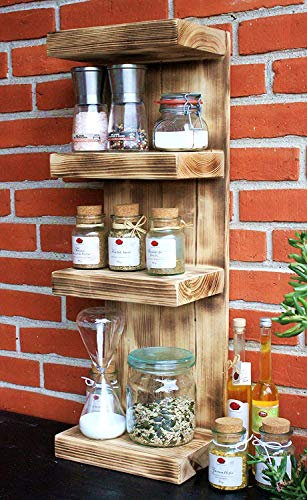 dekorie Gewürzregal aus Holz - für die Wand oder stehend - Geflammt - 4 Stellflächen - 70 x 23,5 x 17 cm - Massivholz