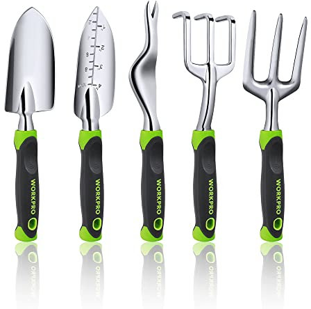 WORKPRO 5 Pcs Gardening Tools Cast Aluminum Garden Set with Fork, Weeder, Claw, Trower, Soil Shovel for Gardener