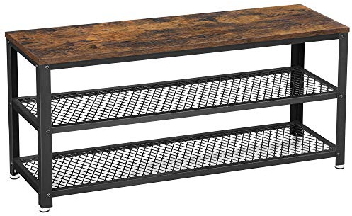 VASAGLE 3-Tier Shoe Rack, Shelf Storage Bench with Metal Mesh Shelves and Seat, Free Standing Shoe Organizer for Entryway, 11.8 x 39.4 x 17.7 Inches, Rustic Brown and Black ULBS078B01