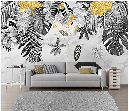 Papier Peint Panoramique Intissé Murales 3D Tapisserie 360x256cm Feuilles tropicales gris or jaune Poster Photo Décoration Murale